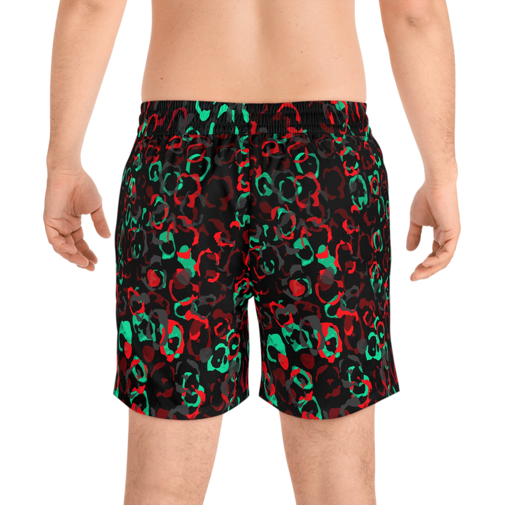Red Green Leopard Print Swim Shorts | Mid-Length AOP