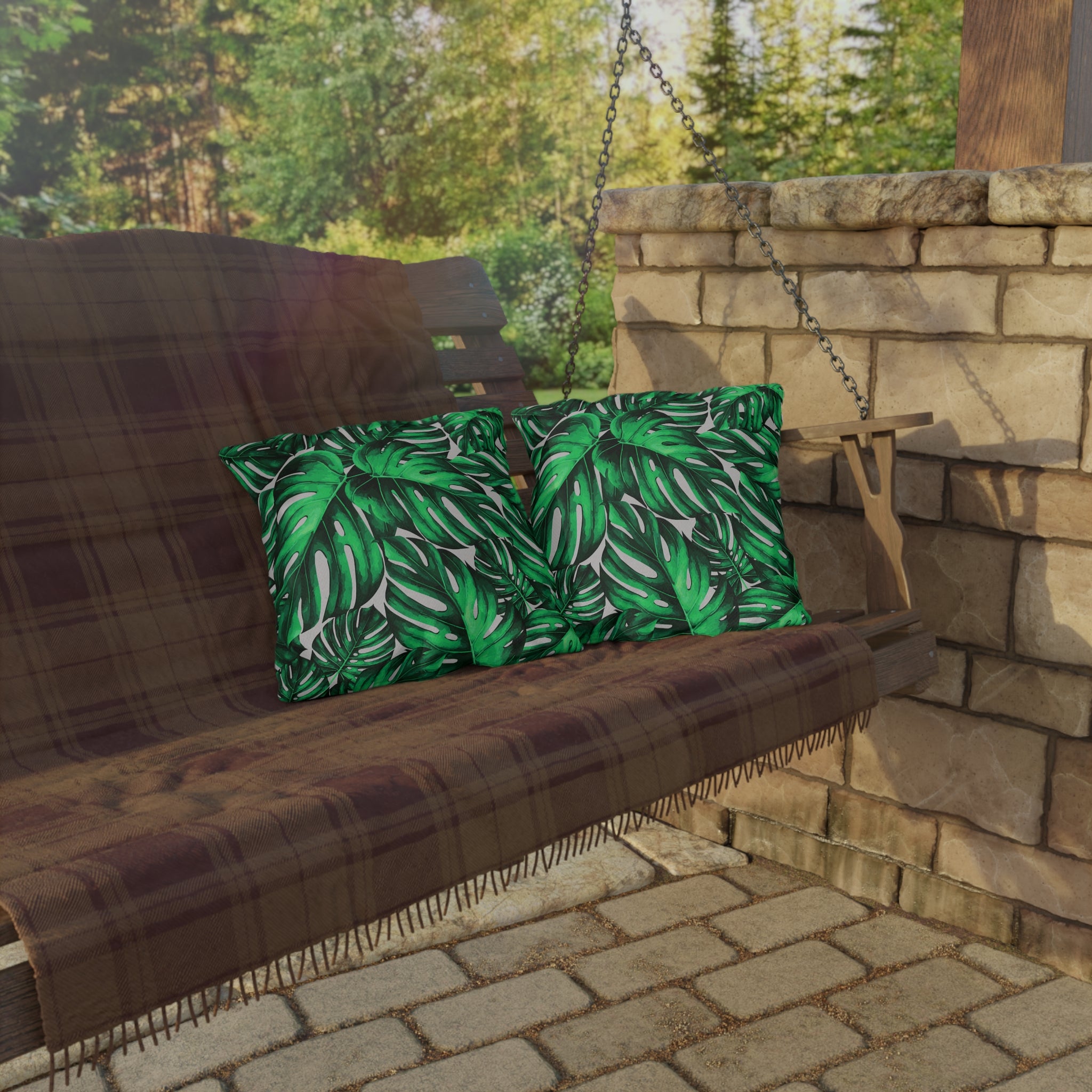 Monstera Leaf Outdoor Pillow — Tropical Green Patio Cushion