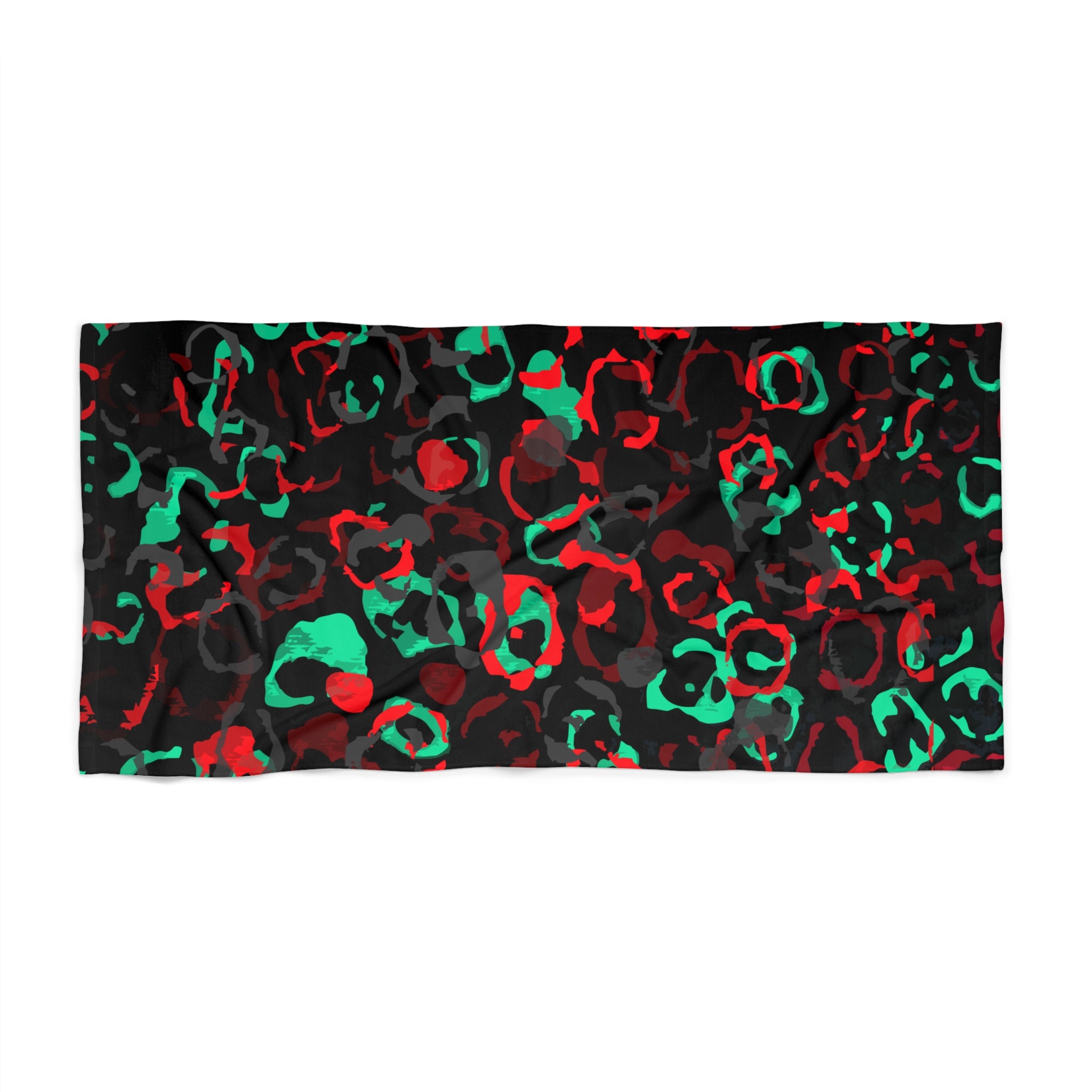 Tropical Leopard Print Beach Towel — Red & Green Abstract Animal Pattern
