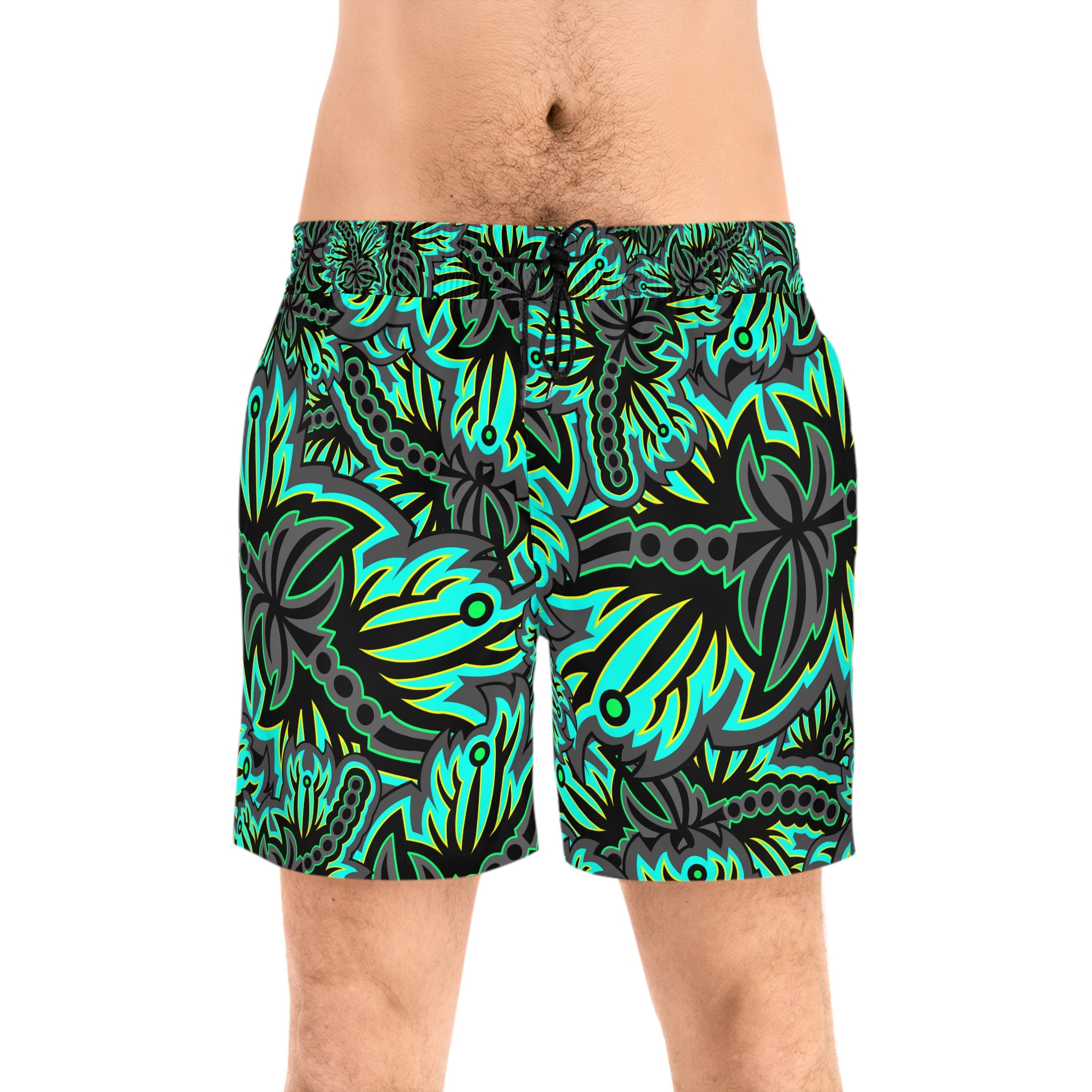 Tropical Green Floral Swim Shorts — Men's Mid-Length Beach Trunks