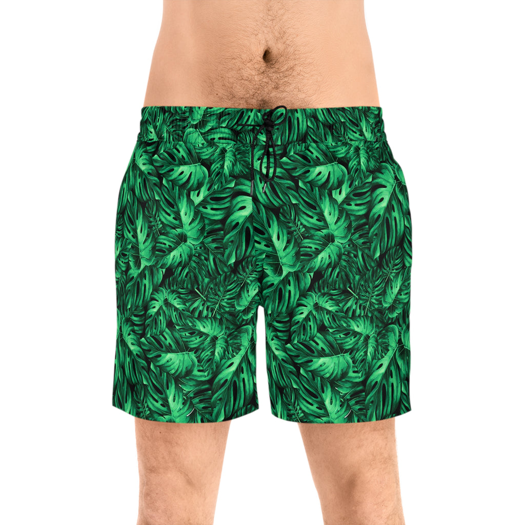 Tropical Monstera Swim Shorts — Men's Green Leaf Mid-Length Beach Trunks