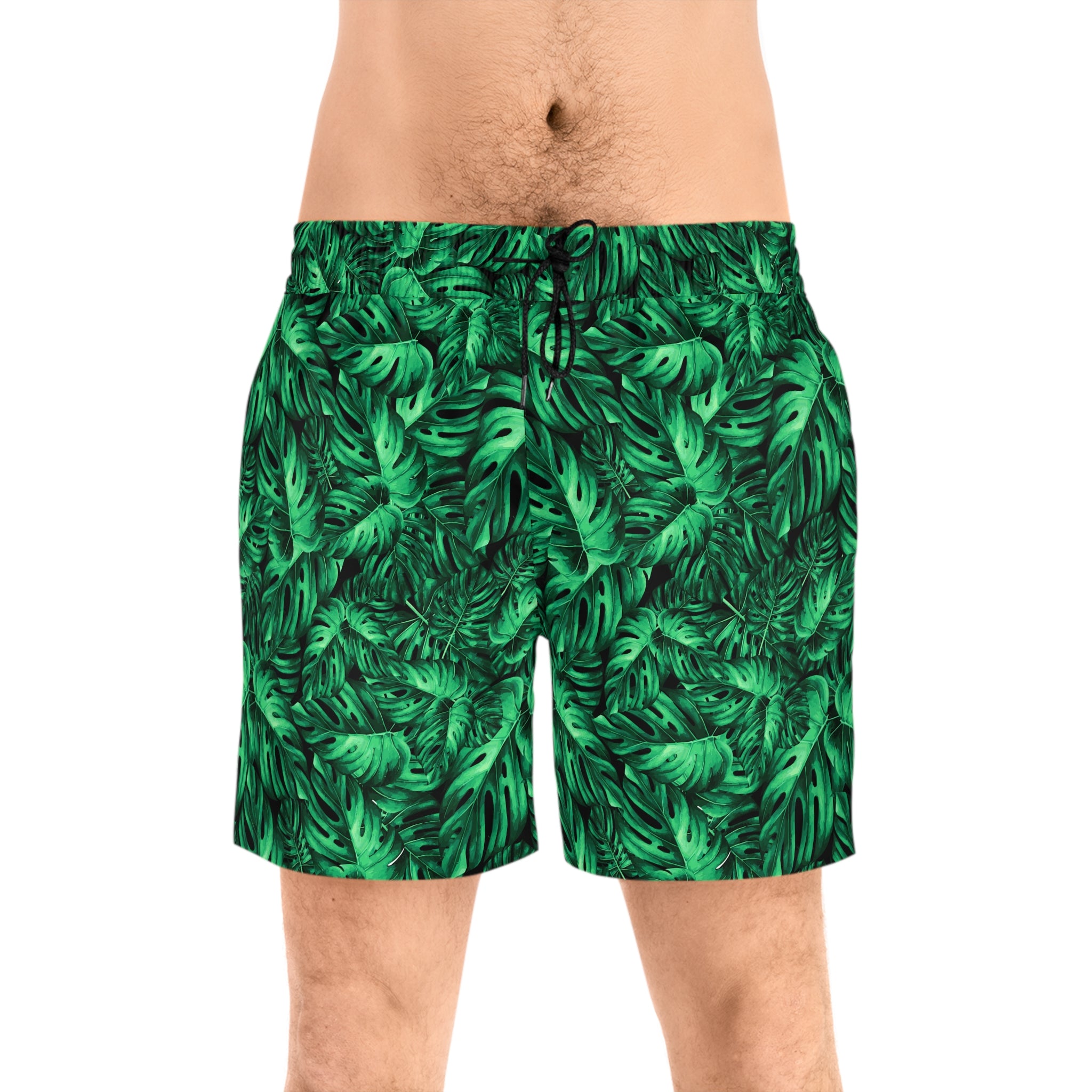 Tropical Monstera Swim Shorts — Men's Green Leaf Mid-Length Beach Trunks
