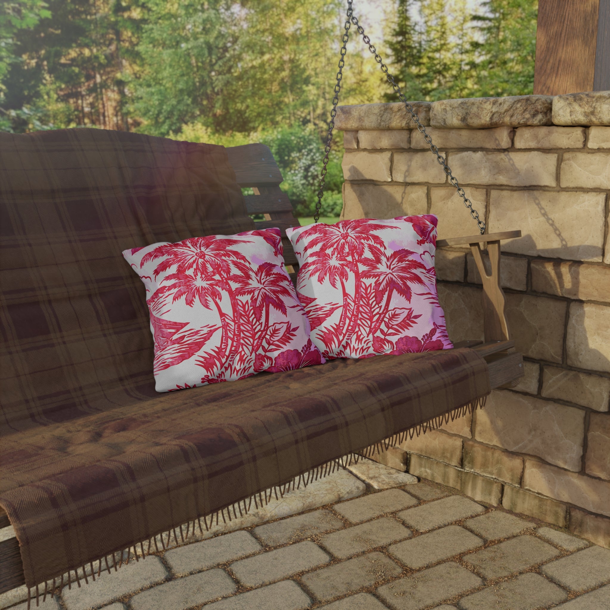 Pink Tropical Palm Print Outdoor Pillow | Hibiscus Beach Pattern