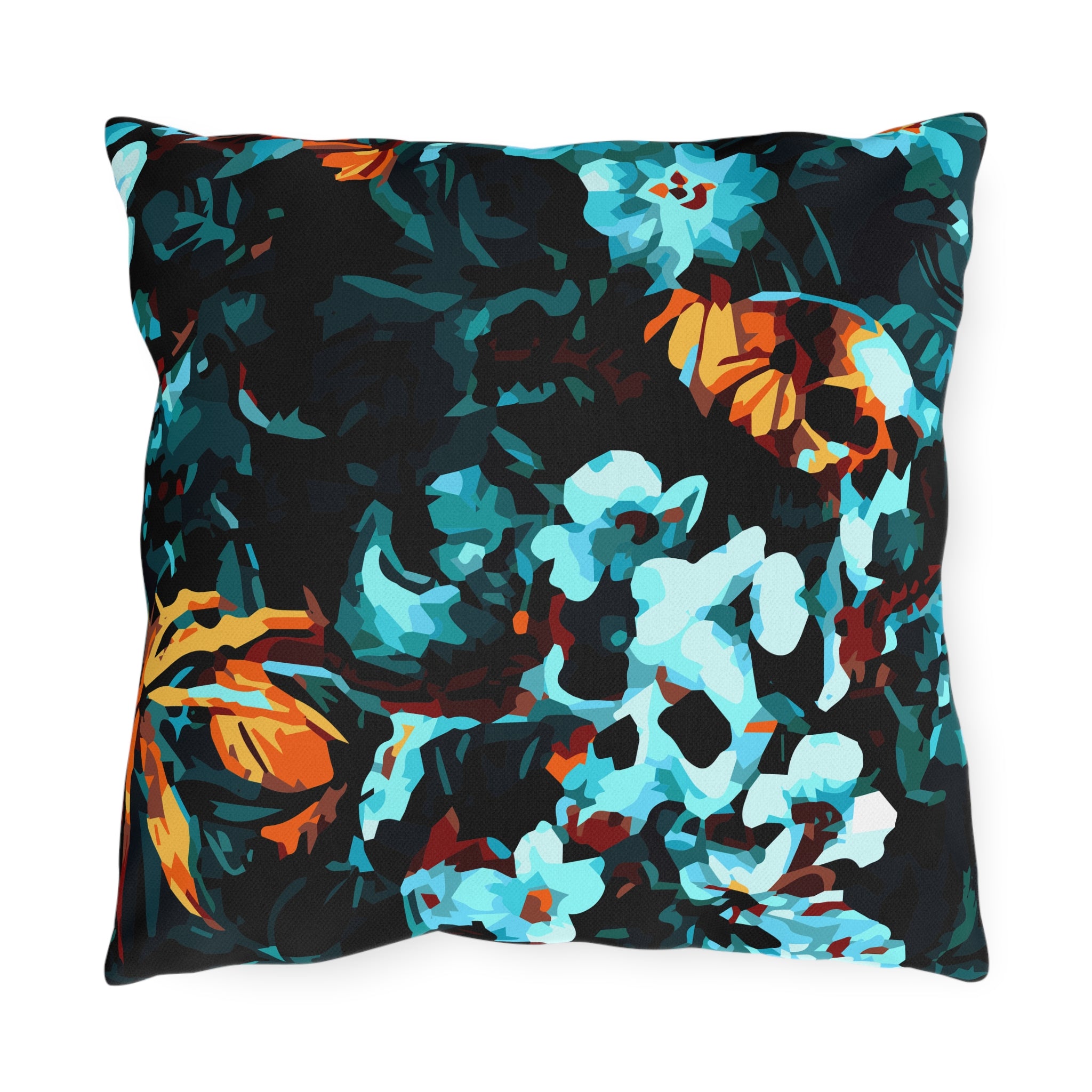Turquoise Floral Outdoor Pillow — Bold Botanical Patio Cushion